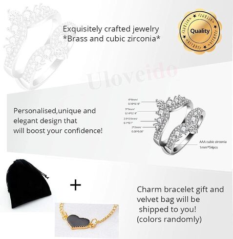 Uloveido Simulated Diamond Princess Crown Ring Wraps and Enhancers Wedding Engagement Rings Guard Enhancer in Kuwait