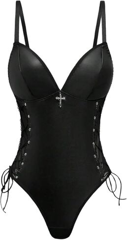 BEAUDRM Women's Gothic Cross Lingerie Bodysuit Faux Leather Lace Up Sleeveless One Piece Bodysuit Nightwear Black Small in Kuwait