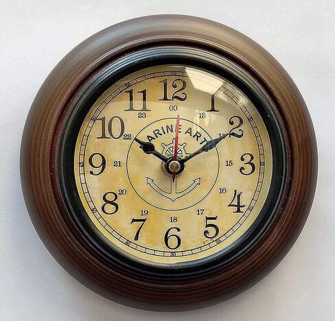 Handmade Wooden Wall Clock Vintage Look Marin Art Style Deep Glass Home & Office, Studio Decoration Gift (6 Inch Antique) in Saudi Arabia