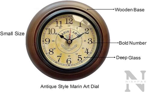 Handmade Wooden Wall Clock Vintage Look Marin Art Style Deep Glass Home & Office, Studio Decoration Gift (6 Inch Antique) in Saudi Arabia