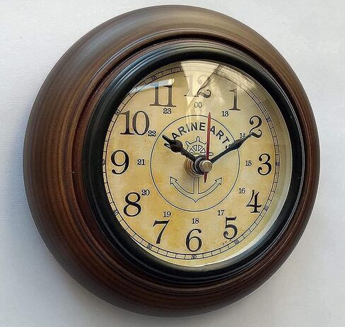 Handmade Wooden Wall Clock Vintage Look Marin Art Style Deep Glass Home & Office, Studio Decoration Gift (6 Inch Antique) in Saudi Arabia