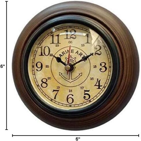 Handmade Wooden Wall Clock Vintage Look Marin Art Style Deep Glass Home & Office, Studio Decoration Gift (6 Inch Antique) in Saudi Arabia