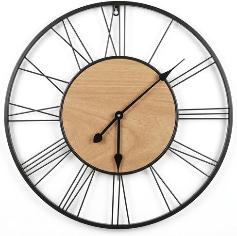 24 Inch Farmhouse Wall Clock, Large Wooden Decorative Clock with Metal Frame, Silent Non-Ticking Quartz Movement, Roman Numerals for Living Room and Home Decor in Saudi Arabia
