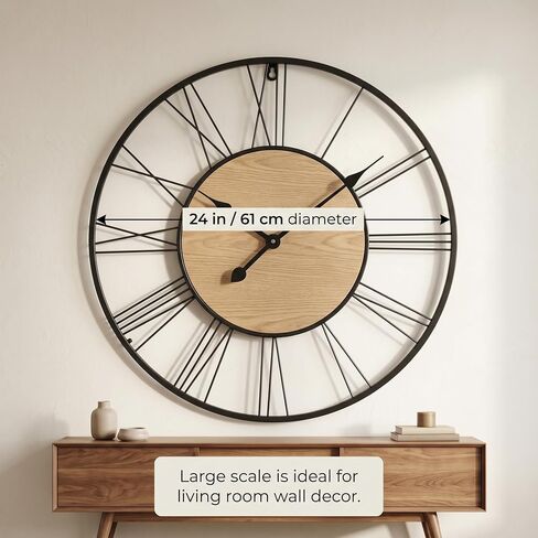 24 Inch Farmhouse Wall Clock, Large Wooden Decorative Clock with Metal Frame, Silent Non-Ticking Quartz Movement, Roman Numerals for Living Room and Home Decor in Saudi Arabia