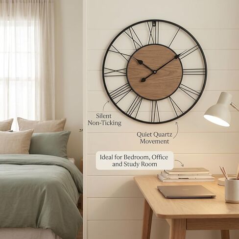 24 Inch Farmhouse Wall Clock, Large Wooden Decorative Clock with Metal Frame, Silent Non-Ticking Quartz Movement, Roman Numerals for Living Room and Home Decor in Saudi Arabia