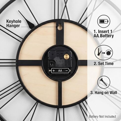 24 Inch Farmhouse Wall Clock, Large Wooden Decorative Clock with Metal Frame, Silent Non-Ticking Quartz Movement, Roman Numerals for Living Room and Home Decor in Saudi Arabia