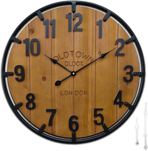 Large Farmhouse Rustic Wooden Wall Clock with Metal Frame and Large Engraved Numbers，Oversized Silent Retro Metal Wood Face Decorative Clock for Office Kitchen Bedroom Living Room (White, 24 inch) in Saudi Arabia