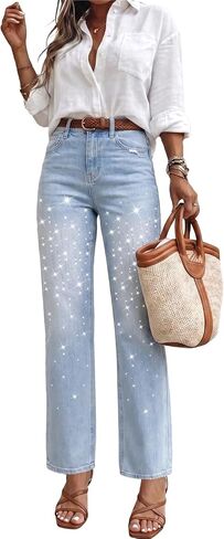 Rhinestone Jeans Mid Rise Straight Leg Embellished Light Wash Women's Denim Pants for Concert & Party Outfits in Kuwait