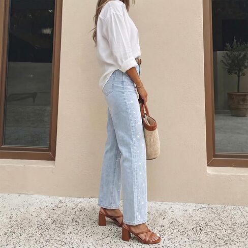 Rhinestone Jeans Mid Rise Straight Leg Embellished Light Wash Women's Denim Pants for Concert & Party Outfits in Kuwait
