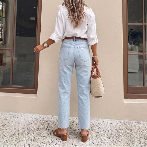 Rhinestone Jeans Mid Rise Straight Leg Embellished Light Wash Women's Denim Pants for Concert & Party Outfits in Kuwait