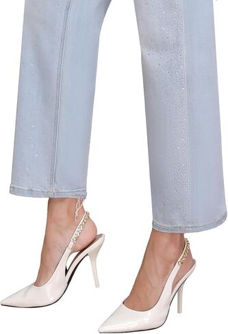 Rhinestone Jeans Mid Rise Straight Leg Embellished Light Wash Women's Denim Pants for Concert & Party Outfits in Kuwait