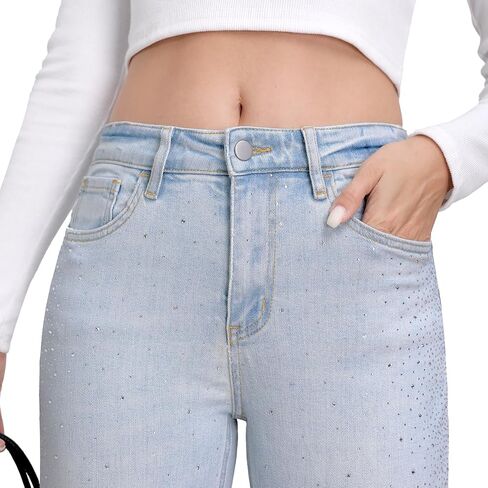 Rhinestone Jeans Mid Rise Straight Leg Embellished Light Wash Women's Denim Pants for Concert & Party Outfits in Kuwait
