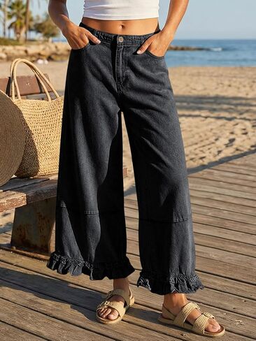 Cicy Bell Womens Ruffle Wide Leg Jeans Cropped Elastic High Waisted Baggy Denim Pants with Pockets Black in Kuwait
