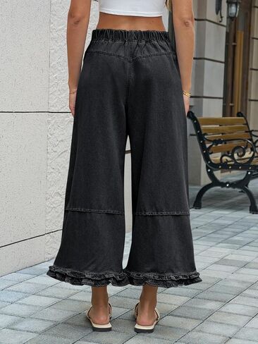 Cicy Bell Womens Ruffle Wide Leg Jeans Cropped Elastic High Waisted Baggy Denim Pants with Pockets Black in Kuwait