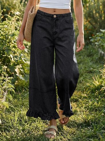 Cicy Bell Womens Ruffle Wide Leg Jeans Cropped Elastic High Waisted Baggy Denim Pants with Pockets Black in Kuwait
