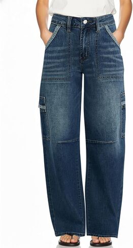 Madrirdma Barrel Jeans for Women Trendy Mid Rise Wide Leg Baggy Straight Leg Multi Pocket Stretch Denim Jeans in Saudi Arabia