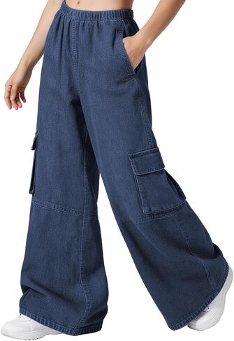 Outfeel Y2K Baggy Cargo Pants High Waisted Wide Leg Straight Jeans Soft Cotton Multi-Pocket Adjustable Streetwear Trousers in Saudi Arabia