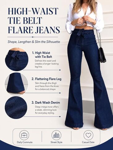 Women's High Waisted Flare Jeans, Tie Waist Tummy Control Stretchy Dark Wash Bell Bottom Denim Pants for Daily Office Wear in Kuwait