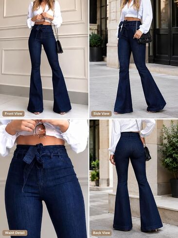 Women's High Waisted Flare Jeans, Tie Waist Tummy Control Stretchy Dark Wash Bell Bottom Denim Pants for Daily Office Wear in Kuwait