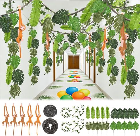 Jungle Theme Party Decorations Rainforest Safari Party Supplies with Tropical Leaves Fake Vines Artificial Rattan Monkey Plush for Jungle Birthday VBS Classroom Indoor Outdoor Decor in Saudi Arabia