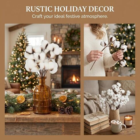 10Pcs Natural Dried Cotton Stems for Farmhouse Decor, 11" Tall Flexible Cotton Flowers Branches Bundle for DIY Vase Fillers, Rustic Sprigs for Wedding Floral Arrangements Christmas Home Decor in Saudi Arabia