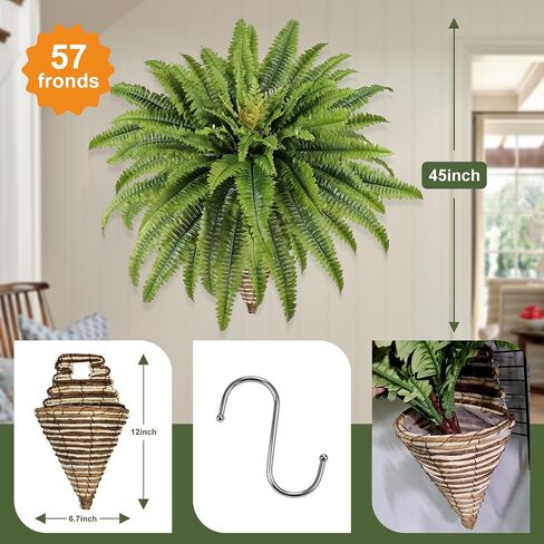 Artificial Ferns for Outdoors & Indoors, 45in Fake Hanging Ferns with Wall Basket & Hook, UV Resistant Faux Hanging Plants Set Ideal for Wall Doors Fence Porch Entry Patio Balcony Home Decor in Saudi Arabia
