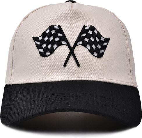 Racing Car Flag Trucker Hat, Embroidered Adjustable Checkered Flags Vintage Baseball Caps Snapback Beige in Saudi Arabia