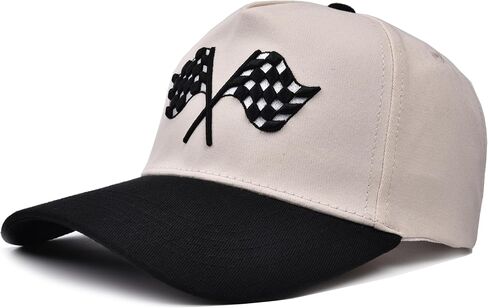 Racing Car Flag Trucker Hat, Embroidered Adjustable Checkered Flags Vintage Baseball Caps Snapback Beige in Saudi Arabia