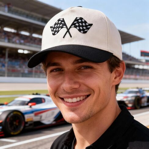 Racing Car Flag Trucker Hat, Embroidered Adjustable Checkered Flags Vintage Baseball Caps Snapback Beige in Saudi Arabia