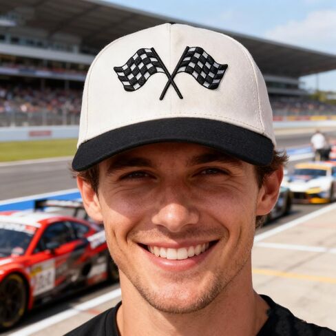 Racing Car Flag Trucker Hat, Embroidered Adjustable Checkered Flags Vintage Baseball Caps Snapback Beige in Saudi Arabia