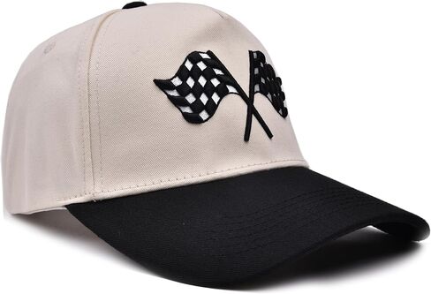 Racing Car Flag Trucker Hat, Embroidered Adjustable Checkered Flags Vintage Baseball Caps Snapback Beige in Saudi Arabia