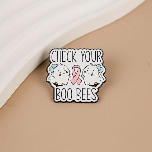 Check Your Boo Bees Wordplay Breast Cancer Awareness Pink Ribbon Enamel Pin, Breast Cancer Survivor Support Pin Brooch, Cute Ghost Pink Ribbon Brooch Badge, Inspirational Awareness Badges For Cancer Fighter Warrior, Chemo Support Gift, Spooky October Hall in Kuwait