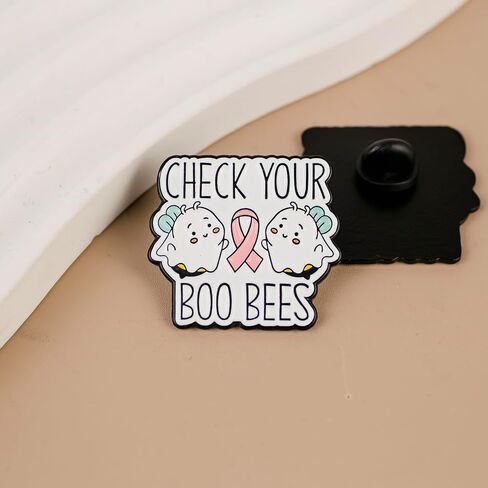Check Your Boo Bees Wordplay Breast Cancer Awareness Pink Ribbon Enamel Pin, Breast Cancer Survivor Support Pin Brooch, Cute Ghost Pink Ribbon Brooch Badge, Inspirational Awareness Badges For Cancer Fighter Warrior, Chemo Support Gift, Spooky October Hall in Kuwait