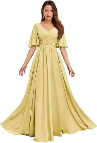 Bridesmaid Dresses for Women Chiffon A-Line V-Neck Pleats Lace-up Long Wedding Party Dress in Saudi Arabia