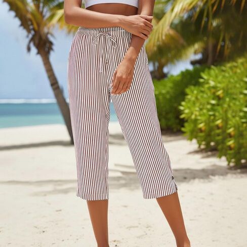 Linen Striped Pants Women High Waist Drawstring Cotton Linen Capri Pants Straight Leg Lounge Trousers Beach Clothes in Saudi Arabia