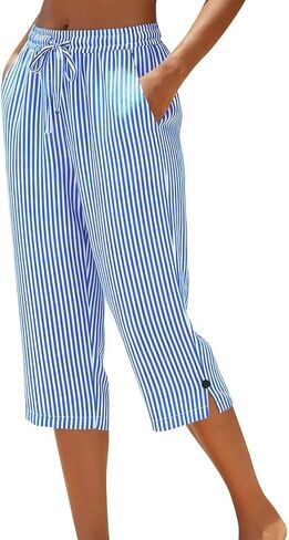 Linen Striped Pants Women High Waist Drawstring Cotton Linen Capri Pants Straight Leg Lounge Trousers Beach Clothes in Saudi Arabia