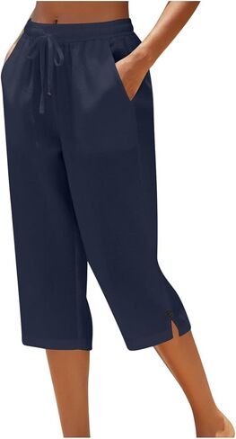 Linen Striped Pants Women High Waist Drawstring Cotton Linen Capri Pants Straight Leg Lounge Trousers Beach Clothes in Saudi Arabia