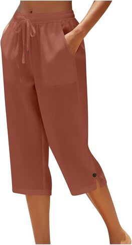 Linen Striped Pants Women High Waist Drawstring Cotton Linen Capri Pants Straight Leg Lounge Trousers Beach Clothes in Saudi Arabia