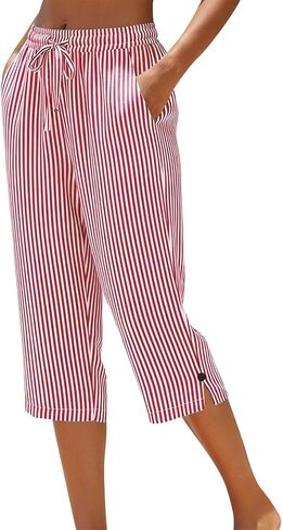 Linen Striped Pants Women High Waist Drawstring Cotton Linen Capri Pants Straight Leg Lounge Trousers Beach Clothes in Saudi Arabia