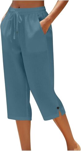 Linen Striped Pants Women High Waist Drawstring Cotton Linen Capri Pants Straight Leg Lounge Trousers Beach Clothes in Saudi Arabia