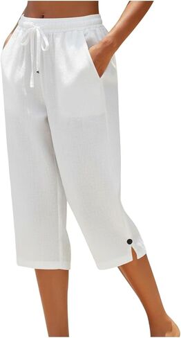 Linen Striped Pants Women High Waist Drawstring Cotton Linen Capri Pants Straight Leg Lounge Trousers Beach Clothes in Saudi Arabia