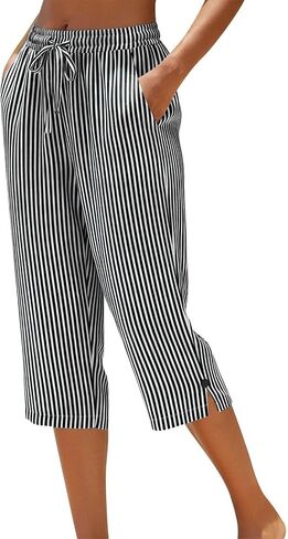 Linen Striped Pants Women High Waist Drawstring Cotton Linen Capri Pants Straight Leg Lounge Trousers Beach Clothes in Saudi Arabia