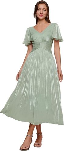 Ever-Pretty Women's Summer Midi Semi Formal Wedding Guest Dress Shimmer V Neck Lightweight Ruffle Sleeve Cocktail Dresses in Kuwait