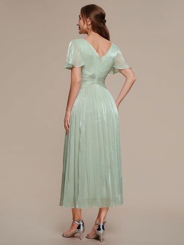 Ever-Pretty Women's Summer Midi Semi Formal Wedding Guest Dress Shimmer V Neck Lightweight Ruffle Sleeve Cocktail Dresses in Kuwait
