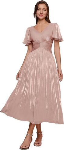 Ever-Pretty Women's Summer Midi Semi Formal Wedding Guest Dress Shimmer V Neck Lightweight Ruffle Sleeve Cocktail Dresses in Kuwait