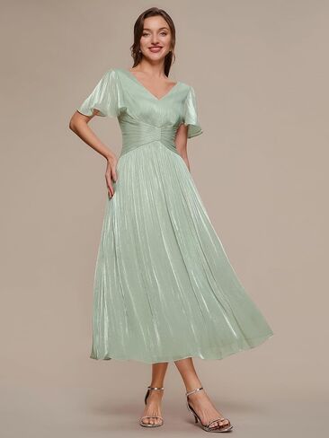 Ever-Pretty Women's Summer Midi Semi Formal Wedding Guest Dress Shimmer V Neck Lightweight Ruffle Sleeve Cocktail Dresses in Kuwait