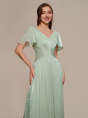 Ever-Pretty Women's Summer Midi Semi Formal Wedding Guest Dress Shimmer V Neck Lightweight Ruffle Sleeve Cocktail Dresses in Kuwait