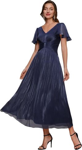 Ever-Pretty Women's Summer Midi Semi Formal Wedding Guest Dress Shimmer V Neck Lightweight Ruffle Sleeve Cocktail Dresses in Kuwait