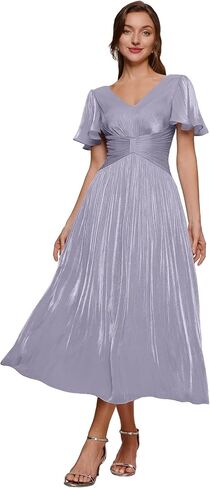 Ever-Pretty Women's Summer Midi Semi Formal Wedding Guest Dress Shimmer V Neck Lightweight Ruffle Sleeve Cocktail Dresses in Kuwait