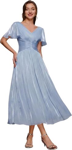 Ever-Pretty Women's Summer Midi Semi Formal Wedding Guest Dress Shimmer V Neck Lightweight Ruffle Sleeve Cocktail Dresses in Kuwait